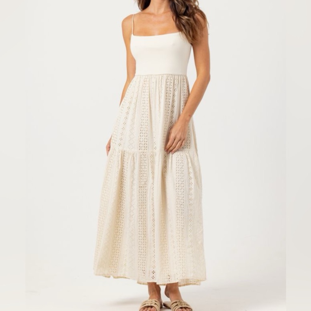 SUNDAYS CREAM EYELET ROSE MAXI DRESS SIZE MEDIUM